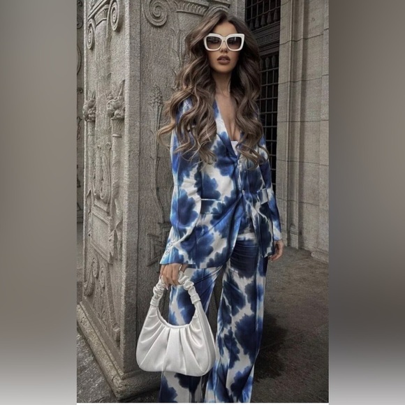 NWT Zara Tie-Dyed Print Wide High Rise Leg Pants Trousers S - Picture 3 of 16